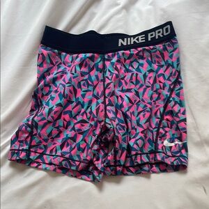 Girls Nike Pro Pink and Blue Patterned Shorts